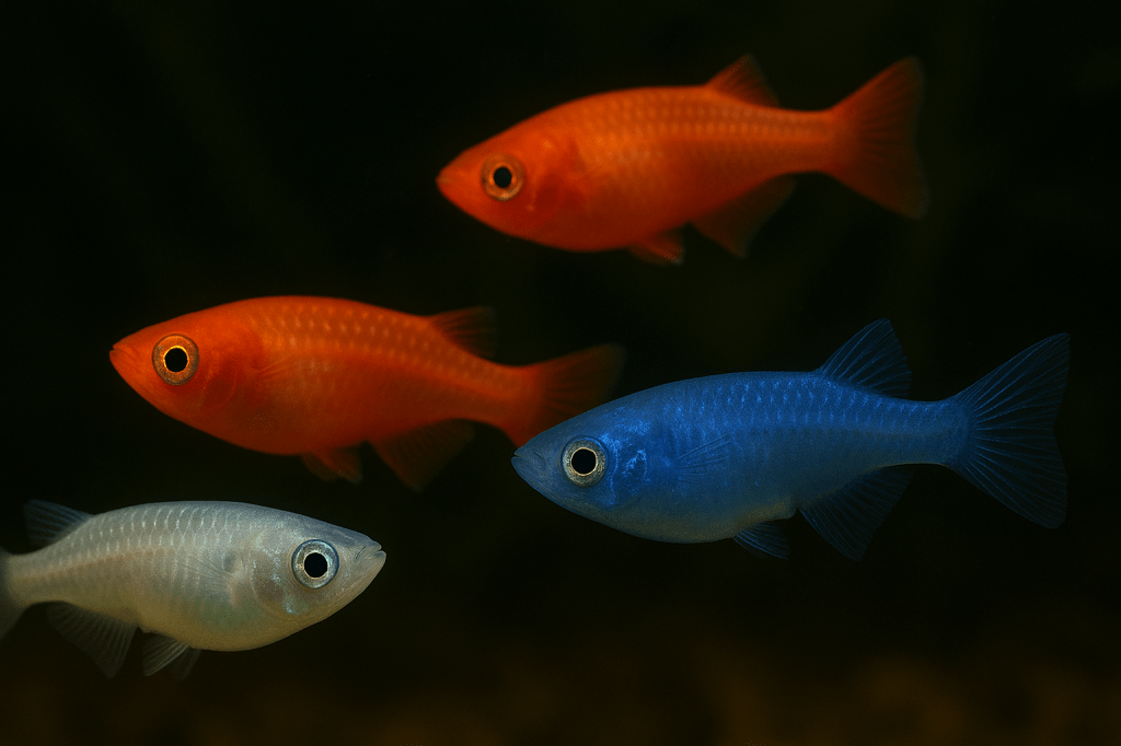 Vier bunte Zierfische schwimmen im Wasser, darunter orange, blau und weiß gefärbte Fische.